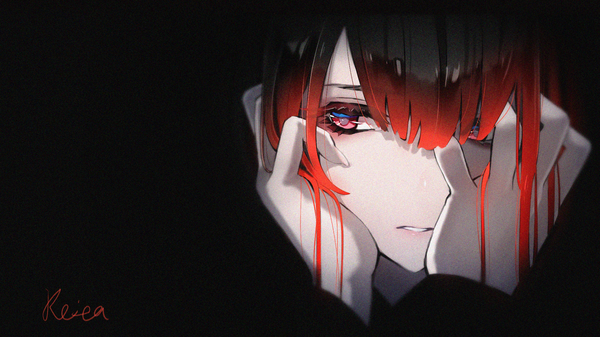 Anime picture 1867x1050 with original hoshizaki reita single long hair fringe highres black hair simple background red eyes wide image signed looking away red hair parted lips multicolored hair fingernails hair over one eye arms up two-tone hair black background