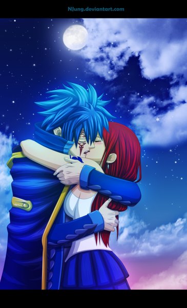 Anime picture 900x1479 with fairy tail erza scarlet jellal fernandes natilokijung long hair tall image blush short hair open mouth blue hair cloud (clouds) red hair eyes closed night night sky couple hug coloring face kiss