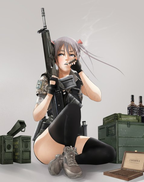 Anime picture 1129x1423 with original taka (iawas) single long hair tall image blue eyes grey hair smoking girl thighhighs gloves uniform weapon black thighhighs boots fingerless gloves gun military uniform assault rifle