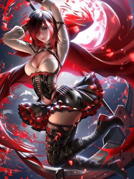 Anime-Bild 3000x4000 mit rwby rooster teeth ruby rose liang xing single tall image looking at viewer fringe highres short hair breasts light erotic black hair smile holding green eyes cleavage full body bent knee (knees) red hair