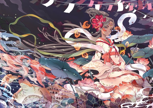 Anime picture 1200x848 with original aruco single blue eyes black hair sitting very long hair nail polish traditional clothes hair flower fingernails dark skin chinese clothes long fingernails girl flower (flowers) earrings animal bubble (bubbles) fish (fishes)