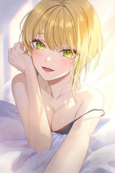 Anime picture 1364x2048 with idolmaster idolmaster cinderella girls miyamoto frederica magako single tall image looking at viewer blush fringe short hair breasts open mouth light erotic blonde hair smile hair between eyes large breasts green eyes cleavage upper body