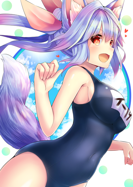 Anime picture 1000x1412 with kantai collection i-19 submarine u rin single long hair tall image looking at viewer fringe breasts open mouth light erotic hair between eyes red eyes large breasts twintails bare shoulders animal ears payot blue hair cloud (clouds)