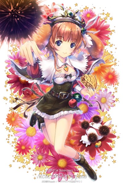 Anime picture 1000x1500 with atelier (series) atelier rorona gust (company) rororina fryxell ek masato single tall image looking at viewer blush short hair blue eyes smile brown hair girl dress flower (flowers) hat boots fruit apple