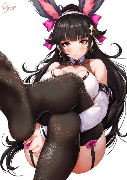 Anime picture 1000x1414 with azur lane takao (azur lane) sakiyamama single long hair tall image looking at viewer blush fringe breasts light erotic black hair simple background large breasts white background bare shoulders brown eyes signed animal ears cleavage