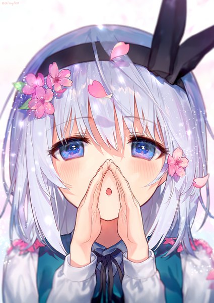 Anime picture 1000x1412 with touhou konpaku youmu ainy single tall image looking at viewer blush fringe short hair open mouth blue eyes simple background hair between eyes white background silver hair upper body hair flower :o face covering