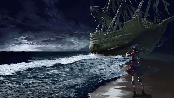 Anime picture 1734x975 with original justminor single long hair highres black hair wide image sky cloud (clouds) from behind beach pirate girl gloves animal water sea bird (birds) watercraft ship