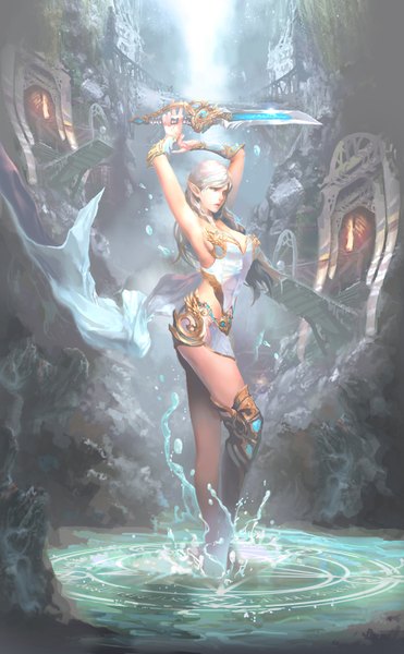 Anime picture 929x1500 with redmoon single tall image breasts blonde hair holding cleavage silver hair bent knee (knees) lips pointy ears arms up armpit (armpits) magic elf fantasy girl skirt weapon detached sleeves