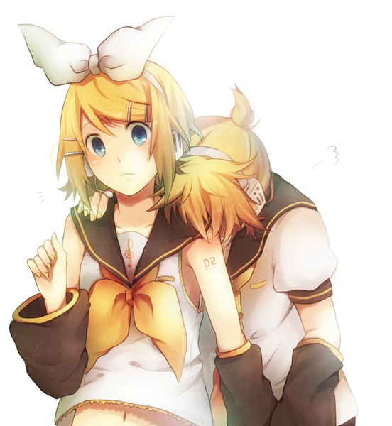 Anime picture 1023x1113 with vocaloid kagamine rin kagamine len chizu (sweet*cheese) tall image blush short hair blue eyes simple background blonde hair white background nail polish yellow nail polish girl boy navel hair ornament bow hair bow detached sleeves