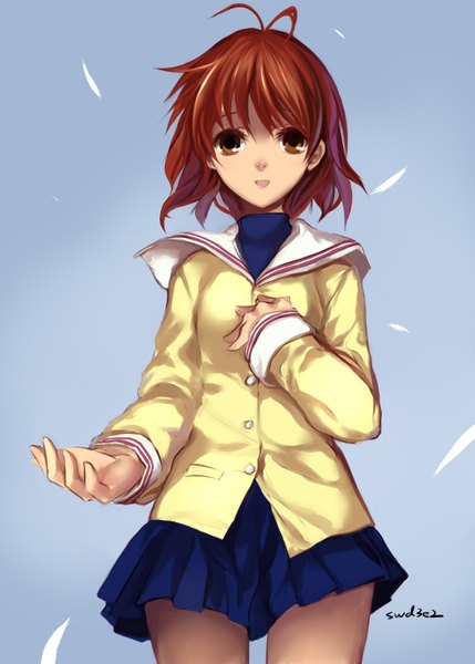 Anime picture 1181x1653 with clannad key (studio) furukawa nagisa swd3e2 single tall image short hair open mouth brown hair brown eyes signed girl skirt