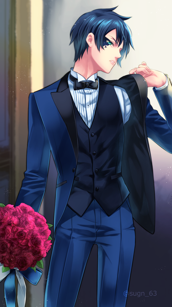 Anime picture 700x1246 with twisted wonderland deuce spade sogen ichi wa single tall image short hair standing signed blue hair profile aqua eyes twitter username turning head facial mark boy flower (flowers) bowtie rose (roses) suit bouquet