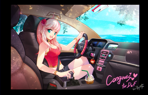 Anime picture 3100x2000 with dungeon and fighter puyon (puyon) single long hair looking at viewer fringe highres breasts open mouth smile sitting bare shoulders holding signed looking away pink hair sky cleavage cloud (clouds) ahoge