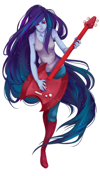 Anime picture 900x1574 with adventure time marceline (adventure time) flun single tall image fringe breasts simple background red eyes holding blue hair very long hair light smile teeth fang (fangs) walking glow blue skin girl boots