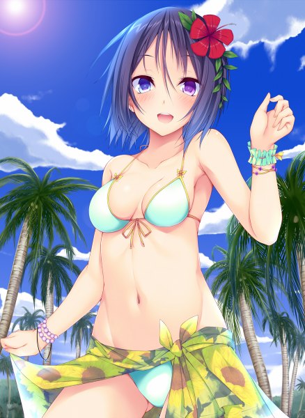 Anime picture 876x1200 with original nishi minami suterii single tall image looking at viewer blush fringe short hair open mouth blue eyes light erotic hair between eyes purple eyes blue hair sky hair flower midriff heterochromia ass visible through thighs