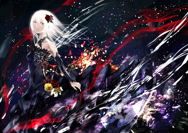 Anime picture 1414x1000 with guilty crown production i.g yuzuriha inori tanikku single long hair looking at viewer bare shoulders white hair parted lips pink eyes hair flower floating hair dark background girl dress flower (flowers) black dress rose (roses) red rose
