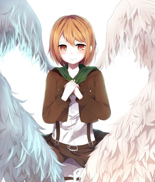 Anime picture 1020x1200 with shingeki no kyojin production i.g petra ral hachimitsu ame (phoenix) single tall image looking at viewer blush short hair blonde hair simple background smile white background brown eyes light smile angel wings girl uniform wings cape