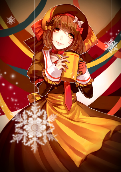 Anime picture 1000x1414 with original yukijirushi yukiko-tan reniirean (artist) single tall image looking at viewer fringe short hair smile brown hair nail polish girl bow apron beret snowflake (snowflakes) thread teapot coffee