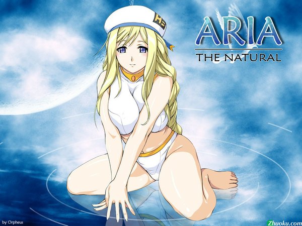 Anime picture 1024x768 with aria alicia florence light erotic signed blue background swimsuit bikini moon white bikini