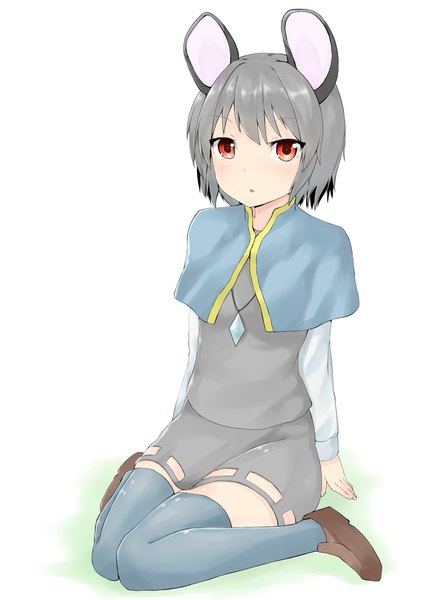 Anime picture 2000x2800 with touhou nazrin netamaru single tall image looking at viewer highres short hair simple background red eyes white background sitting animal ears long sleeves grey hair wariza mouse ears girl thighhighs skirt