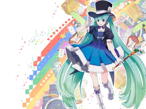 Anime picture 2000x1500 with vocaloid magical mirai (vocaloid) hatsune miku magical mirai miku magical mirai miku (2013) chris (pixiv) single highres open mouth blue eyes twintails very long hair aqua hair girl dress gloves hat boots