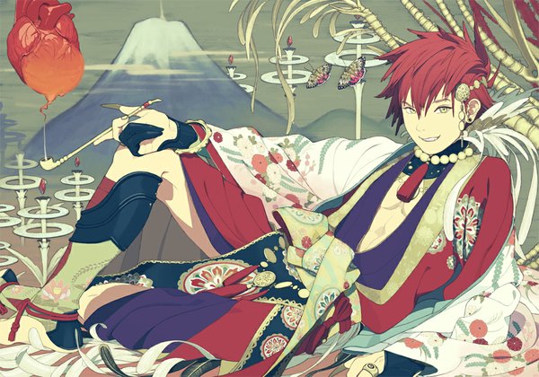Anime picture 1000x700 with original honya lala single looking at viewer short hair open mouth yellow eyes red hair traditional clothes japanese clothes barefoot fingernails long fingernails reclining volcano boy gloves hair ornament earrings black gloves