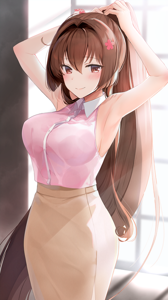 Anime picture 2250x4000 with kantai collection yamato super battleship yuna (yukiyuna) single tall image looking at viewer blush fringe highres breasts light erotic smile hair between eyes brown hair large breasts standing brown eyes payot ponytail indoors