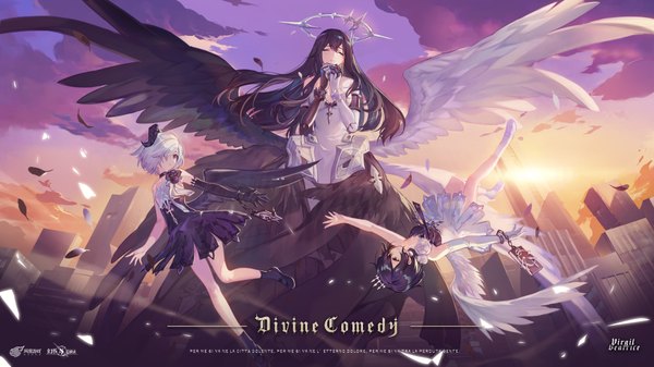 Anime picture 8000x4500 with divine comedy criin long hair fringe highres short hair black hair hair between eyes wide image multiple girls brown eyes absurdres sky cloud (clouds) full body outdoors white hair eyes closed horn (horns) wind