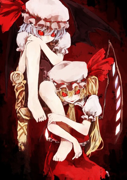 Anime picture 1200x1700 with touhou flandre scarlet remilia scarlet kyouya (mukuro238) tall image looking at viewer short hair open mouth blonde hair red eyes sitting multiple girls blue hair ponytail barefoot side ponytail siblings black wings sisters girl