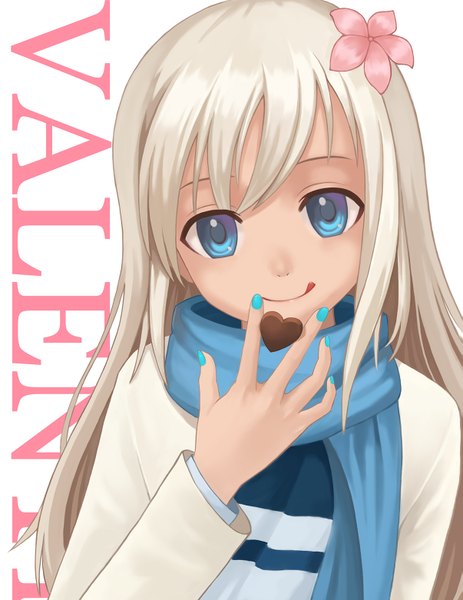 Anime picture 1205x1562 with kantai collection ro-500 submarine rockzero single long hair tall image looking at viewer fringe blue eyes simple background smile white background white hair nail polish hair flower alternate costume valentine aqua nail polish girl flower (flowers)