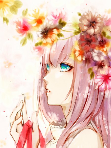 Anime picture 600x800 with vocaloid megurine luka matsunaka hiro single long hair tall image fringe open mouth blue eyes looking away pink hair hair flower close-up girl hair ornament flower (flowers) ribbon (ribbons)