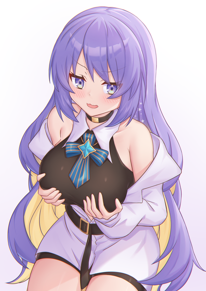 Anime picture 1447x2047 with virtual youtuber hololive hololive indonesia moona hoshinova yue zi single long hair tall image blush breasts open mouth light erotic simple background large breasts white background purple eyes purple hair from above off shoulder breast grab