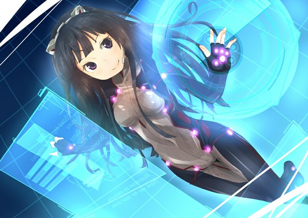 Anime picture 1062x752 with guilty crown production i.g tsugumi mokoke long hair black hair purple eyes animal ears covered navel girl fingerless gloves bodysuit