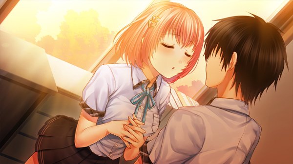 Anime picture 1280x720 with ayame no machi to ohimesama kazuharu kina blush short hair breasts open mouth wide image large breasts pink hair game cg eyes closed sunlight couple evening sunset girl boy skirt uniform hair ornament