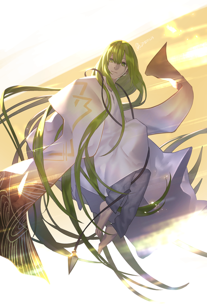Anime picture 2362x3496 with fate (series) fate/grand order fate/strange fake enkidu (fate) hutagi rouka single tall image fringe highres hair between eyes green eyes looking away full body very long hair barefoot green hair androgynous boy