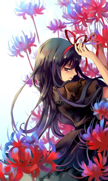 Anime picture 800x1344 with mahou shoujo madoka magica shaft (studio) akemi homura sd pink long hair tall image looking at viewer fringe black hair simple background standing white background purple eyes profile looking back shadow girl dress flower (flowers) ribbon (ribbons)