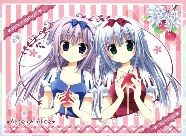 Anime picture 2324x1702 with alice or alice airi (alice or alice) rise (alice or alice) korie riko long hair looking at viewer blush fringe highres breasts smile hair between eyes purple eyes multiple girls holding green eyes signed cleavage upper body white hair