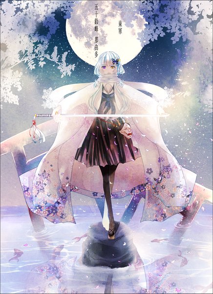 Anime picture 800x1100 with original kurage (youmaycry) single long hair tall image looking at viewer fringe simple background standing purple hair snowing winter glow ripples girl hair ornament weapon animal petals pantyhose