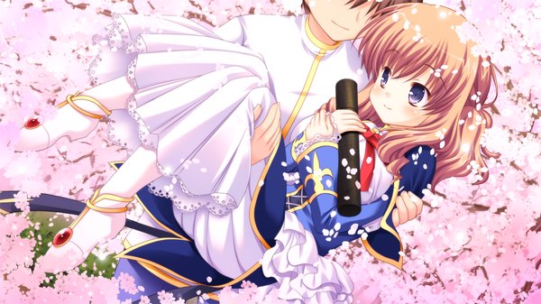 Anime picture 1280x720 with princess-style yomogida sachi yuyi long hair blush blue eyes brown hair wide image game cg cherry blossoms carrying princess carry graduation girl boy uniform school uniform petals