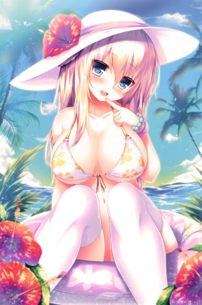 Anime picture 4241x6410 with original syroh single long hair tall image looking at viewer blush fringe highres breasts open mouth blue eyes light erotic blonde hair smile hair between eyes large breasts sitting absurdres sky