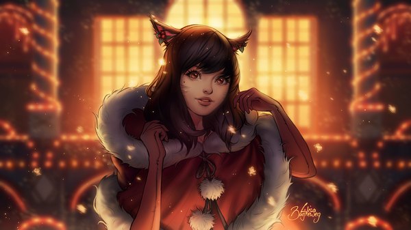 Anime picture 1920x1080 with final fantasy final fantasy xiv square enix zolaida (artist) single long hair looking at viewer fringe highres black hair wide image animal ears upper body lips realistic mole orange eyes fur trim mole under eye christmas