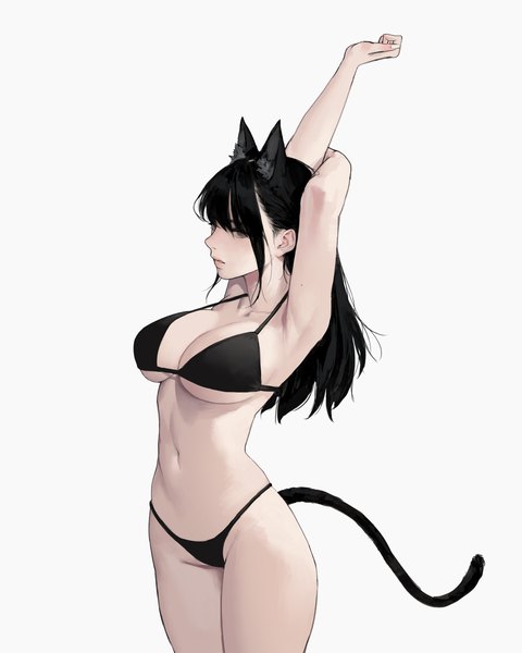 Anime picture 1600x2000 with original dongho kang single long hair tall image looking at viewer fringe breasts light erotic black hair simple background hair between eyes large breasts standing white background brown eyes animal ears tail animal tail cat ears