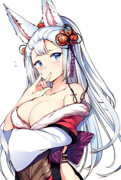 Anime picture 1720x2544 with granblue fantasy socie (granblue fantasy) orihi chihiro single long hair tall image blush fringe highres breasts blue eyes light erotic simple background large breasts white background bare shoulders animal ears looking away silver hair ponytail