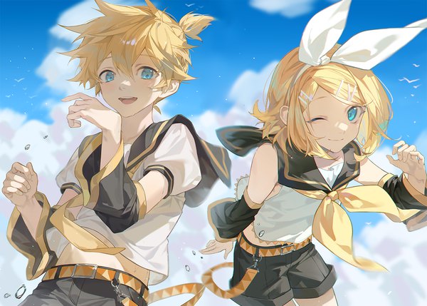 Anime picture 1399x1000 with vocaloid kagamine rin kagamine len xiaojiaju looking at viewer fringe short hair open mouth blue eyes blonde hair hair between eyes sky cloud (clouds) ponytail :d one eye closed wink puffy sleeves siblings twins