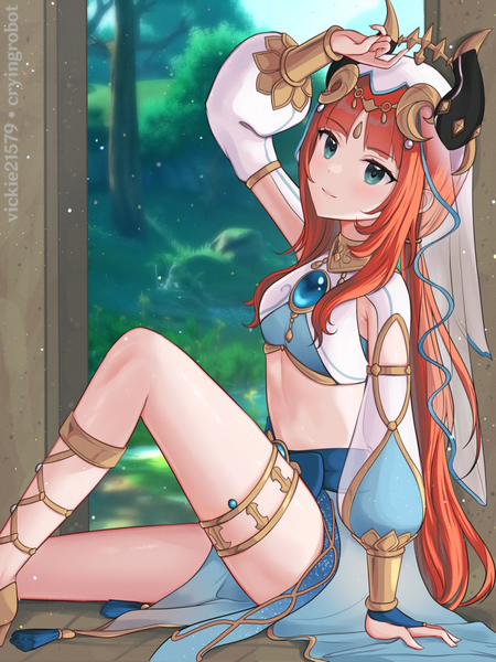 Anime picture 1200x1600 with genshin impact nilou (genshin impact) vickie (cryingrobot) single long hair tall image blush fringe breasts light erotic sitting twintails signed looking away red hair blunt bangs long sleeves arm up horn (horns) aqua eyes