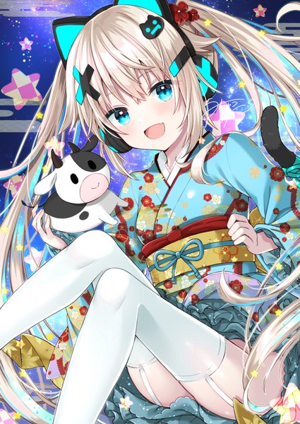 Anime picture 717x1012 with virtual youtuber indie virtual youtuber uchuuneko (vtuber) uchuuneko single long hair tall image looking at viewer open mouth blue eyes light erotic blonde hair twintails animal ears traditional clothes :d japanese clothes multicolored hair fang (fangs) streaked hair