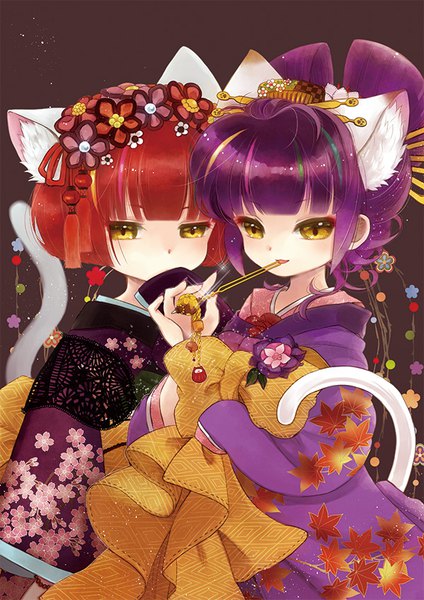 Anime picture 600x848 with show by rock!! studio bones daru dayu biyon tall image looking at viewer blush fringe short hair simple background smile multiple girls holding animal ears yellow eyes purple hair red hair tail blunt bangs traditional clothes