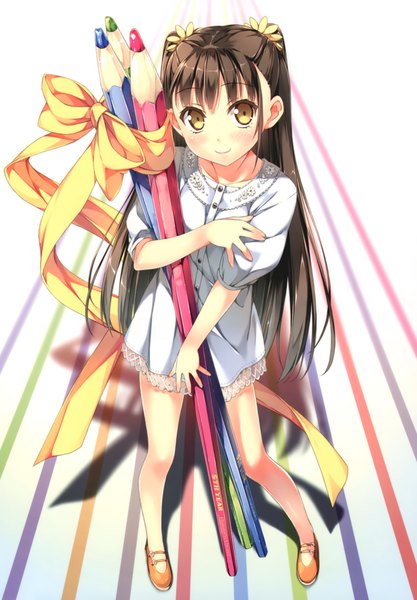 Anime picture 3200x4600 with original kantoku single long hair tall image blush highres simple background smile brown hair brown eyes absurdres light smile shadow girl dress bow ribbon (ribbons) short dress pencil