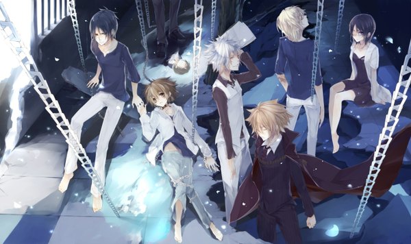 Anime picture 1474x875 with katekyou hitman reborn sawada tsunayoshi hibari kyouya rokudo mukuro chrome dokuro dino cavallone vongola primo giotto byakuran laruha blonde hair wide image blue hair white hair indoors looking back barefoot holding hands reflection group shounen ai