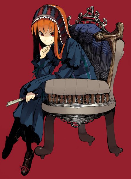 Anime picture 1106x1500 with original hama2224 single long hair tall image simple background smile red eyes sitting orange hair red background girl dress armchair closed fan