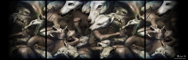 Anime picture 1568x509 with original ryohei hase wide image wallpaper battle panorama horror boy animal chain collar wolf